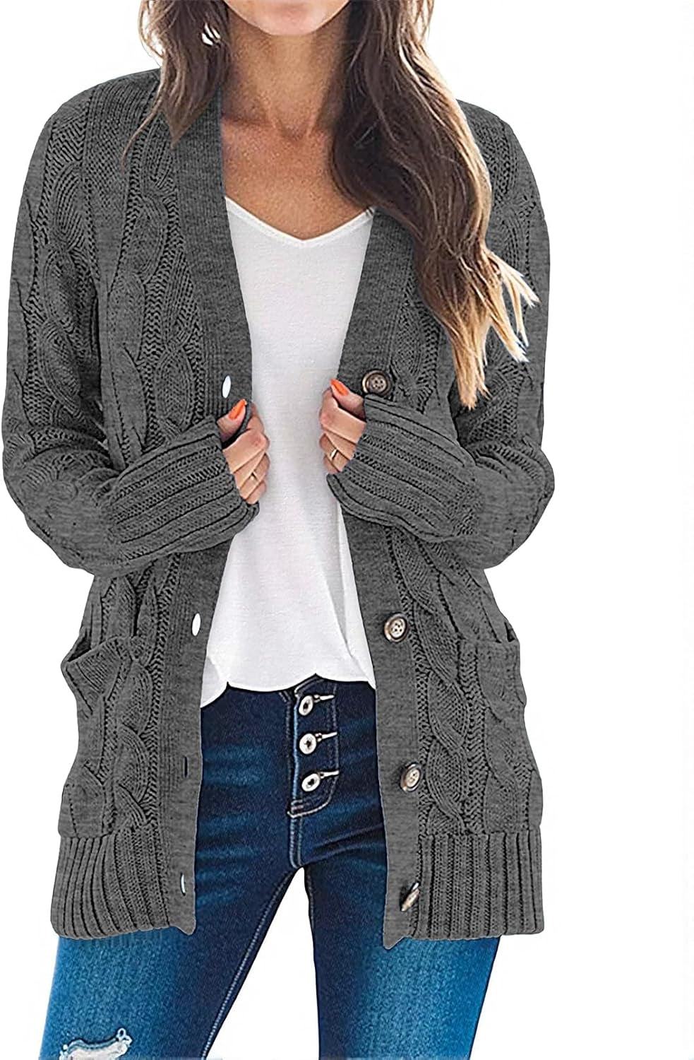 Women'S 2025 Fall Long Sleeve Cable Knit Cardigan Sweater Open Front Button Loose Outerwear