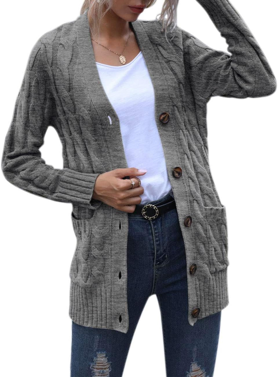 Women'S 2025 Fall Long Sleeve Cable Knit Cardigan Sweater Open Front Button Loose Outerwear