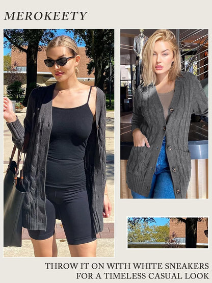 Women'S 2025 Fall Long Sleeve Cable Knit Cardigan Sweater Open Front Button Loose Outerwear